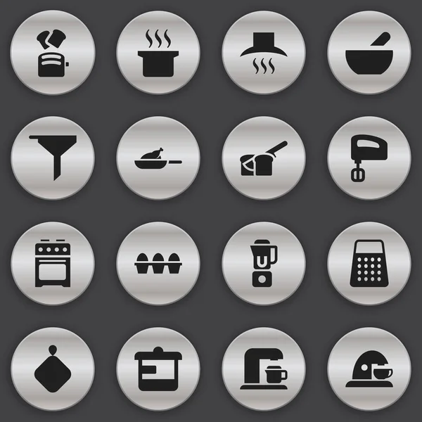 Set de 16 iconos de cocina editables. Incluye símbolos tales como estufa, mezclador de mano, trituradora. Puede ser utilizado para el diseño de la tela, móvil, interfaz de usuario e infografía . — Vector de stock