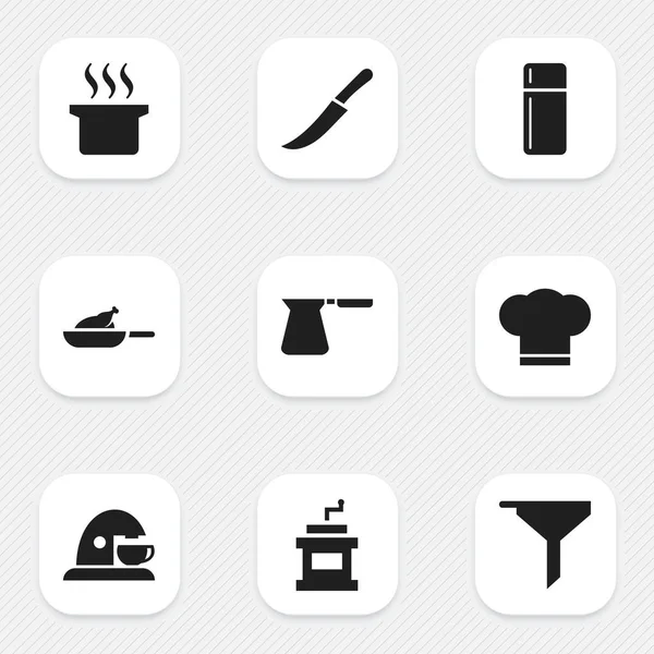 Ensemble de 9 icônes de cuisson modifiables. Comprend des symboles tels que réfrigérateur, cafetière, poêle à soupe et plus encore. Peut être utilisé pour le Web, mobile, interface utilisateur et infographie . — Image vectorielle