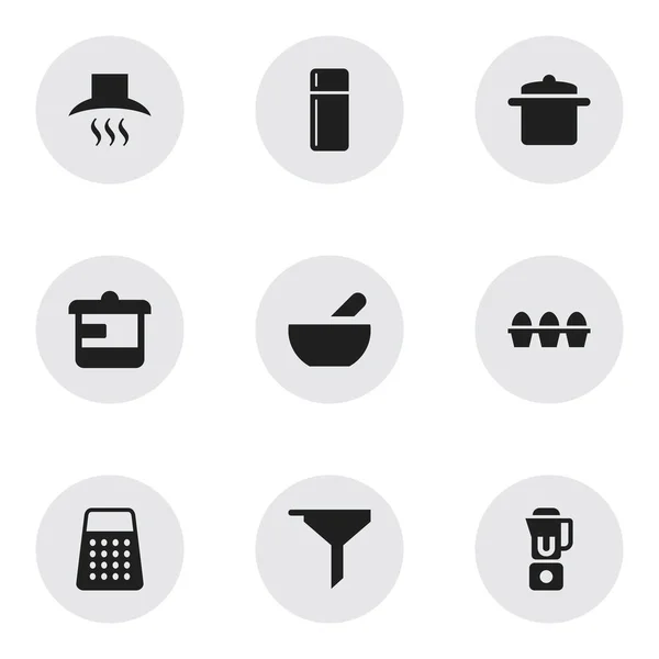 Zestaw 9 ikon można edytować Cook. Zawiera symbole, takie jak filtrowanie, okapu kuchennego, opakowaniu jaj i więcej. Mogą być używane dla sieci Web, mobilnych, interfejsu użytkownika i Infographic Design. — Wektor stockowy
