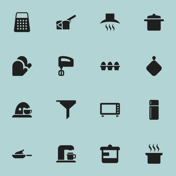 Set von 16 editierbaren Menüsymbolen. beinhaltet Symbole wie Grill, Rührwerk, Kochgeschirr und mehr. kann für Web-, Mobil-, UI- und Infografik-Design verwendet werden. — Stockvektor