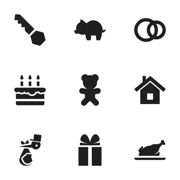 Satz von 9 editierbaren Folks-Symbolen. enthält Symbole wie Haus, gebratenes Huhn, Spardose und vieles mehr. kann für Web-, Mobil-, UI- und Infografik-Design verwendet werden. — Stockvektor