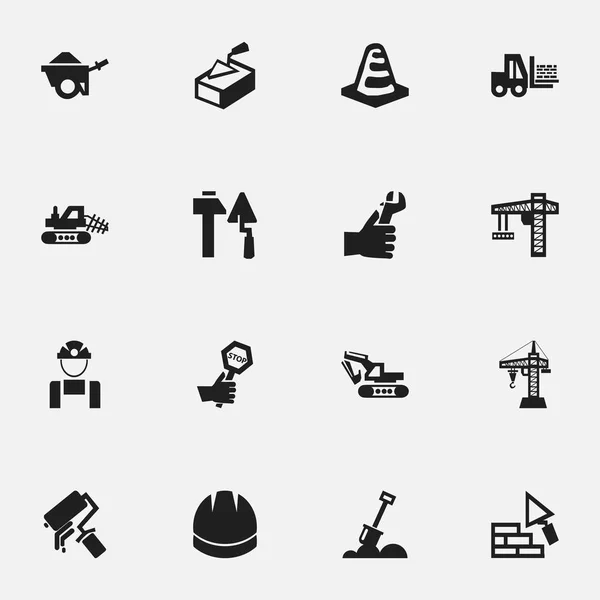 Satz von 16 editierbaren Bausymbolen. beinhaltet Symbole wie Baggermaschine, Ausdauer, Trolley und mehr. kann für Web-, Mobil-, UI- und Infografik-Design verwendet werden. — Stockvektor