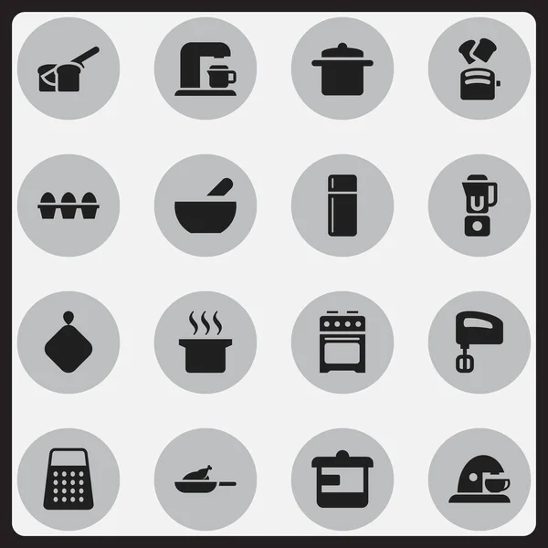 Conjunto de 16 iconos de cocina editables. Incluye símbolos como cartón de huevo, pan de rebanada, mezclador de mano. Puede ser utilizado para el diseño de la tela, móvil, interfaz de usuario e infografía . — Archivo Imágenes Vectoriales