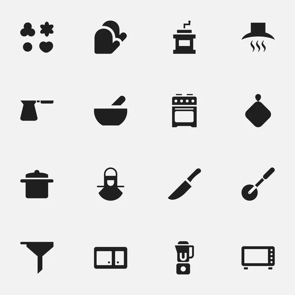 Набір з 16 піктограм їжі. Включає в себе такі символи, як суп, ролик для ножів, короткий торт і багато іншого. Може використовуватися для веб, мобільного, інтерфейсу та інфографіки . — стоковий вектор