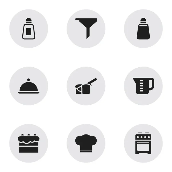 Zestaw 9 ikon można edytować Cook. Zawiera symbole, takie jak solniczka, filtrowanie, piekarnia i więcej. Mogą być używane dla sieci Web, mobilnych, interfejsu użytkownika i Infographic Design. — Wektor stockowy