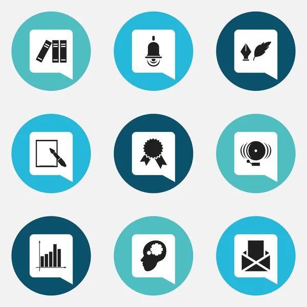 Set van 9 bewerkbare School iconen. Bevat symbolen zoals briefpapier, creatief idee, boekenplank en meer. Kan worden gebruikt voor Web, Mobile, Ui en Infographic Design. — Stockvector