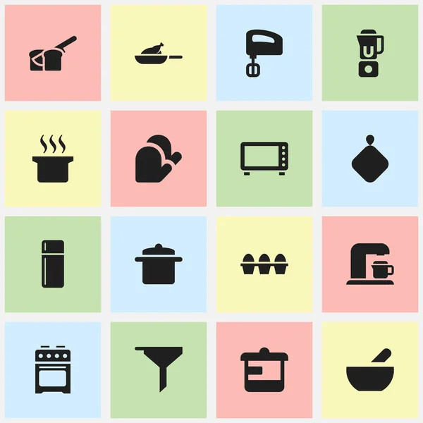Set von 16 editierbaren Koch-Symbolen. enthält Symbole wie Handmixer, Grill, Backofen. kann für Web-, Mobil-, UI- und Infografik-Design verwendet werden. — Stockvektor