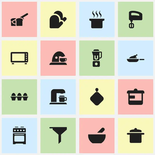 Készlet 16 szerkeszthető étkezés ikonok. Magában foglalja a szimbólumok, mint a tűzhely, tojás karton, edények és így tovább. Lehet használni a Web, mobil, Ui és Infographic Design. — Stock Vector