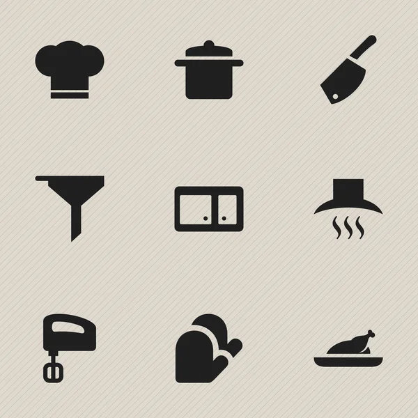 Atur 9 Ikon Makanan yang Dapat Disunting. Termasuk Symbols Such As Cookware, Cook Cap, Kitchen Hood And More. Dapat Digunakan Untuk Web, Mobile, UI Dan Desain Infografis . - Stok Vektor