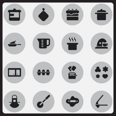 16 düzenlenebilir Cook simgeler kümesi. Büfe, ızgara, tencere tutacağı gibi simgeler ve daha fazlasını içerir. Web, mobil, UI ve Infographic tasarımı için kullanılabilir.