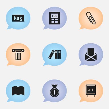 9 düzenlenebilir okul simgeler kümesi. İlk yer, sözlük, hesap makinesi ve daha fazlası gibi simgeler içerir. Web, mobil, UI ve Infographic tasarımı için kullanılabilir.