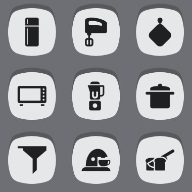 9 düzenlenebilir pişirme simgeler kümesi. Simgeleri gibi buzdolabı, tencere tutacağı, kupa ve daha fazlasını içerir. Web, mobil, UI ve Infographic tasarımı için kullanılabilir.