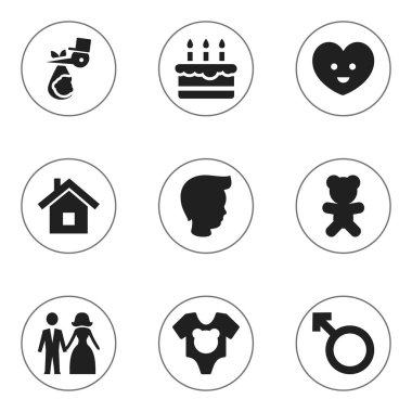 9 düzenlenebilir aile simgeler kümesi. Oyuncak, adam amblemi, ev ve daha fazla gibi simgeler içerir. Web, mobil, UI ve Infographic tasarımı için kullanılabilir.