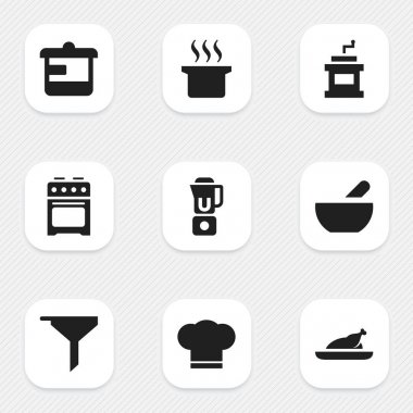 9 düzenlenebilir gıda simgeler kümesi. Mocha değirmeni, aşçı şapkası, gereçler ve daha fazlası gibi simgeler içerir. Web, mobil, UI ve Infographic tasarımı için kullanılabilir.