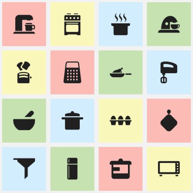16 düzenlenebilir gıda simgeler kümesi. Çorba kazanı, Kupası, yumurta kartonu ve daha fazlası gibi simgeler içerir. Web, mobil, UI ve Infographic tasarımı için kullanılabilir.