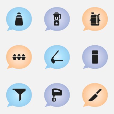 9 düzenlenebilir pişirme simgeler kümesi. El mikseri, yumurta kartonu, gibi simgeler içerir filtreleme. Web, mobil, UI ve Infographic tasarımı için kullanılabilir.