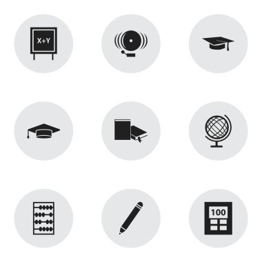 9 düzenlenebilir eğitim simgeler kümesi. Hesap makinesi, yer imi, dünya gezegen ve daha fazlası gibi simgeler içerir. Web, mobil, UI ve Infographic tasarımı için kullanılabilir.