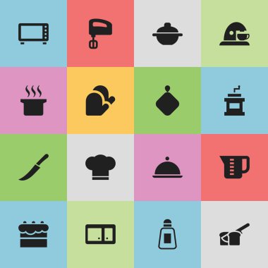 16 düzenlenebilir yemek simgeler kümesi. Tuzluk, ekmek, aşçı şapkası ve daha fazla gibi simgeler içerir. Web, mobil, UI ve Infographic tasarımı için kullanılabilir.