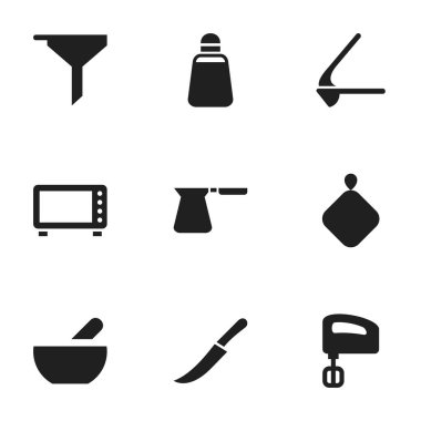 9 düzenlenebilir pişirme simgeler kümesi. Crusher, fırın, tencere tutacağı gibi simgeler ve daha fazlasını içerir. Web, mobil, UI ve Infographic tasarımı için kullanılabilir.