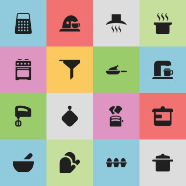 16 düzenlenebilir pişirme simgeler kümesi. Mutfak eldiveni, mutfak Hood, karıştırıcı ve daha fazlası gibi simgeler içerir. Web, mobil, UI ve Infographic tasarımı için kullanılabilir.
