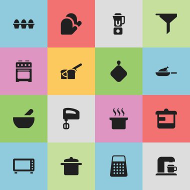 16 düzenlenebilir yemek simgeler kümesi. Gereçler, fırın, süzme gibi sembolleri ve daha fazlasını içerir. Web, mobil, UI ve Infographic tasarımı için kullanılabilir.