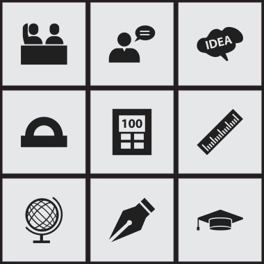 9 düzenlenebilir Üniversitesi simgeler kümesi. Zihin, mezun, yarım daire cetvel ve daha fazlası gibi simgeler içerir. Web, mobil, UI ve Infographic tasarımı için kullanılabilir.