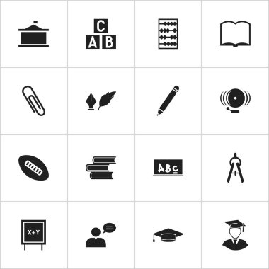16 düzenlenebilir Üniversitesi simgeler kümesi. Kitap, Kütüphane, elyaf ve daha fazlası gibi simgeler içerir. Web, mobil, UI ve Infographic tasarımı için kullanılabilir.