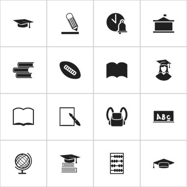 16 düzenlenebilir eğitim simgeler kümesi. Sözlük, mezun olunan erkek, mezuniyet şapka ve daha fazlası gibi simgeler içerir. Web, mobil, UI ve Infographic tasarımı için kullanılabilir.