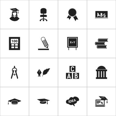 16 düzenlenebilir eğitim simgeler kümesi. Hesap makinesi, edebiyat, okul yönetimi ve daha fazlası gibi simgeler içerir. Web, mobil, UI ve Infographic tasarımı için kullanılabilir.