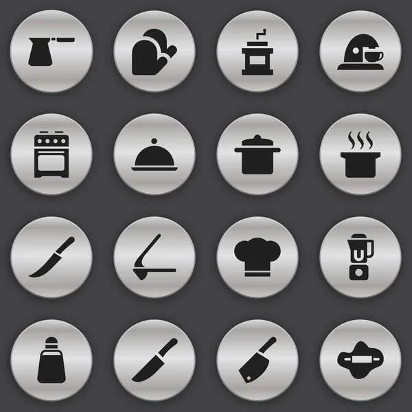 Набор из 16 столовых иконок. Включает такие символы, как плита, суп, тесто и многое другое. Can be used for Web, Mobile, UI and Infographic Design . — стоковый вектор