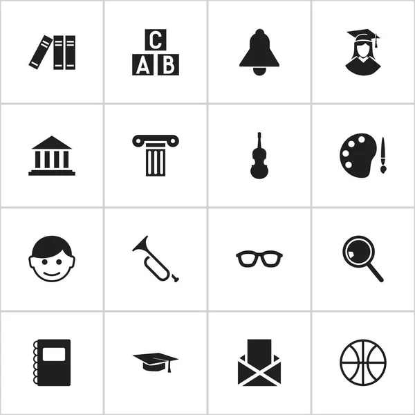 Ensemble de 16 icônes universitaires modifiables. Comprend des symboles tels que le jeu de panier, clairon, cube alphabet et plus. Peut être utilisé pour le Web, mobile, interface utilisateur et infographie . — Image vectorielle