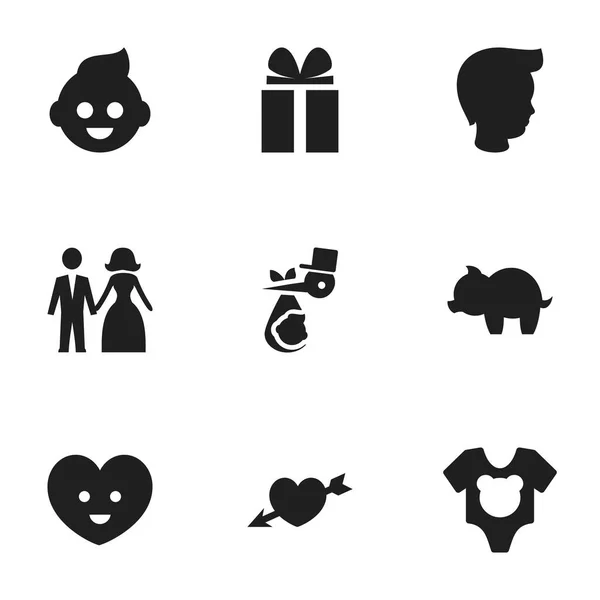 Set von 9 editierbaren Verwandten-Symbolen. beinhaltet Symbole wie Kind, Spardose, Body und mehr. kann für Web-, Mobil-, UI- und Infografik-Design verwendet werden. — Stockvektor