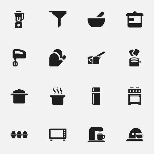 Набір з 16 значків для приготування їжі. Включає в себе такі символи, як суп, хлібобулочні вироби, кухонна рукавичка та багато іншого. Може використовуватися для веб, мобільного, інтерфейсу та інфографіки . — стоковий вектор