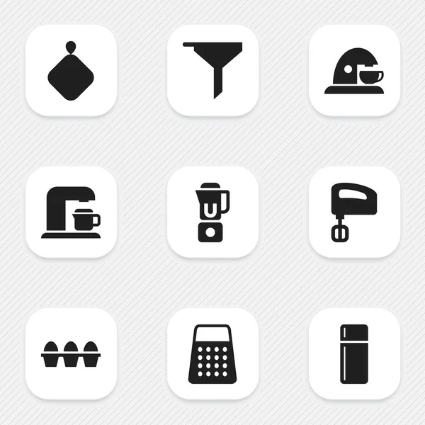 Набір з 9 можна редагувати їжі іконок. Включає в себе символи, такі як яйці картону, холодильник, горщик Держатель і багато іншого. Може використовуватися для веб, мобільні, призначеного для користувача інтерфейсу і інфографіки дизайн. — стоковий вектор