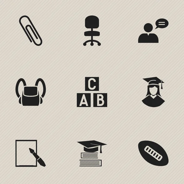 Conjunto de 9 Ícones de Educação Editável. Inclui símbolos como o cubo do alfabeto, fêmea graduada, assento de trabalho e muito mais. Pode ser usado para Web, Mobile, UI e design infográfico . — Vetor de Stock