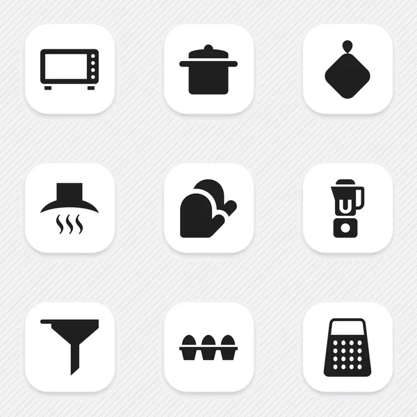 Набір з 9 для редагування їжі іконок. Включає в себе символи, такі як посуд, Шредер, яйці картону та багато іншого. Може використовуватися для веб, мобільні, призначеного для користувача інтерфейсу і інфографіки дизайн. — стоковий вектор