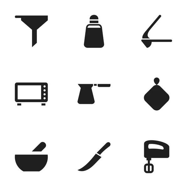 Набор из 9 настольных кулинарных иконок. Включает в себя такие символы, как дробилка, духовка, держатель горшка и многое другое. Can be used for Web, Mobile, UI and Infographic Design . — стоковый вектор