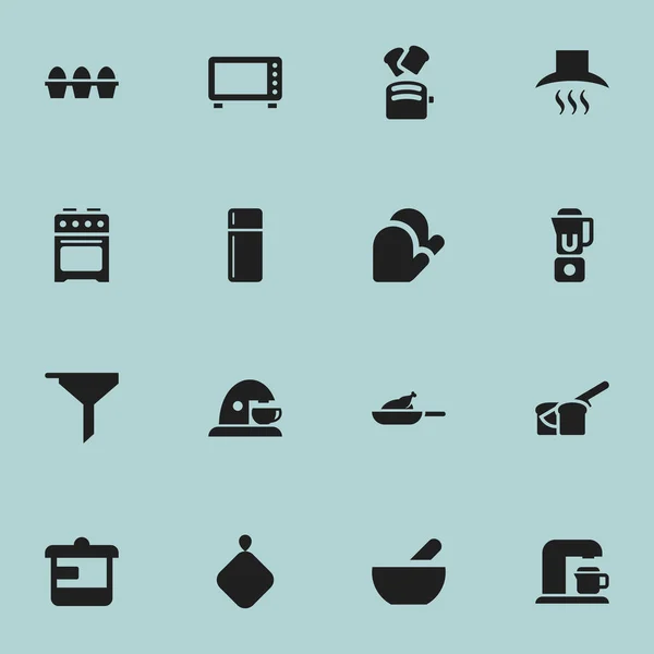 Conjunto de 16 ícones de refeição editáveis. Inclui símbolos como geladeira, fabricante de bebidas, capa de cozinha e muito mais. Pode ser usado para Web, Mobile, UI e design infográfico . — Vetor de Stock