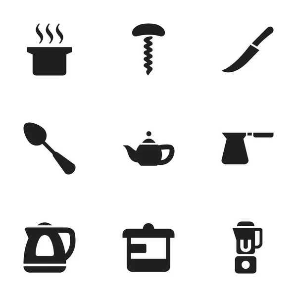 Set von 9 editierbaren Food-Symbolen. beinhaltet Symbole wie Suppentopf, Teekanne, Handmixer. kann für Web-, Mobil-, UI- und Infografik-Design verwendet werden. — Stockvektor