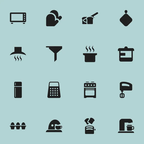 Satz von 16 editierbaren Food-Symbolen. enthält Symbole wie Scheibenbrot, Topflappen, Getränkemaschine und vieles mehr. kann für Web-, Mobil-, UI- und Infografik-Design verwendet werden. — Stockvektor