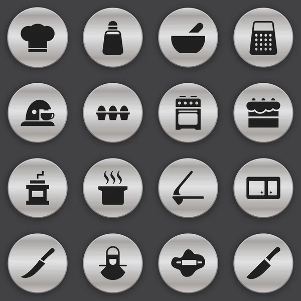 Satz von 16 editierbaren Food-Symbolen. beinhaltet Symbole wie Becher, Herd, Brecher und mehr. kann für Web-, Mobil-, UI- und Infografik-Design verwendet werden. — Stockvektor
