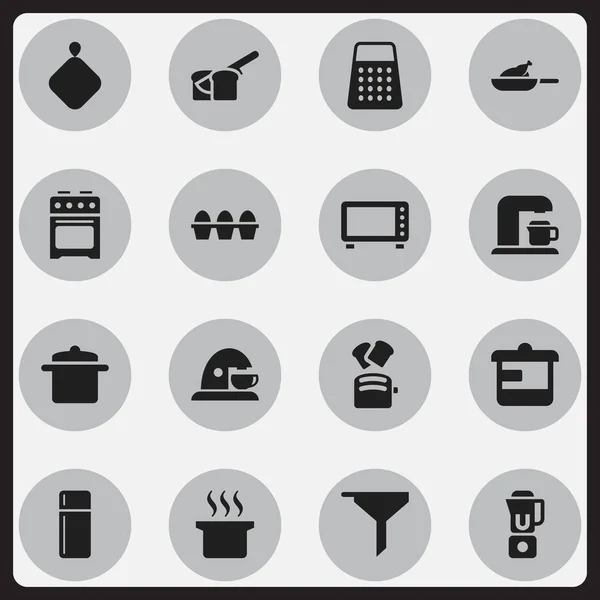 Satz von 16 editierbaren Food-Symbolen. enthält Symbole wie Kühlschrank, Geschirr, Getränkemaschine und vieles mehr. kann für Web-, Mobil-, UI- und Infografik-Design verwendet werden. — Stockvektor