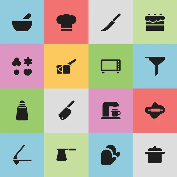 Készlet 16 szerkeszthető Cook ikonok. Szakács sapka, sütő, leves, és szimbólumokat tartalmaz. Lehet használni a Web, mobil, Ui és Infographic Design. — Stock Vector