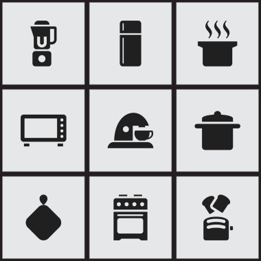 9 düzenlenebilir Cook simgeler kümesi. Tencere, Kupası, el mikseri gibi simgeler içerir. Web, mobil, UI ve Infographic tasarımı için kullanılabilir.