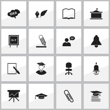 16 düzenlenebilir mezuniyet simgeler kümesi. Edebiyat, Blackboard, yazı ve daha fazla gibi simgeler içerir. Web, mobil, UI ve Infographic tasarımı için kullanılabilir.