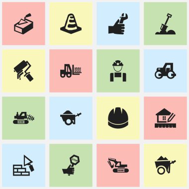 16 düzenlenebilir inşaat simgeler kümesi. Arabası gibi simgeler bildirim nesnesi, eve zamanlama ve daha içerir. Web, mobil, UI ve Infographic tasarımı için kullanılabilir.