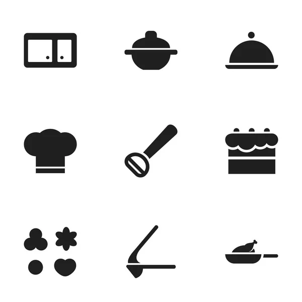 Uppsättning av 9 redigerbara Cook ikoner. Innehåller symboler som till exempel bakverk, jordgubbsmousse, Sideboard och mer. Kan användas för webb-, mobil-, Ui- och Infographic Design. — Stock vektor