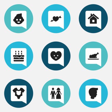 9 düzenlenebilir millet simgeler kümesi. Sembolleri evli gibi elbise, pastane ve daha fazlasını içerir. Web, mobil, UI ve Infographic tasarımı için kullanılabilir.