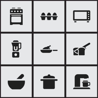 9 düzenlenebilir yemek simgeler kümesi. Sembolleri soba gibi fırın, çorba ve daha fazlasını içerir. Web, mobil, UI ve Infographic tasarımı için kullanılabilir.
