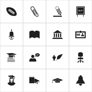 16 düzenlenebilir Üniversitesi simgeler kümesi. Alarm zili, yazı, edebiyat ve daha fazla gibi simgeler içerir. Web, mobil, UI ve Infographic tasarımı için kullanılabilir.